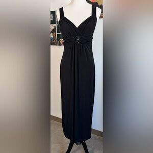 VTG En Focus Studio Black Maxi Dress Beaded Waist Size 8 Ruched Bust